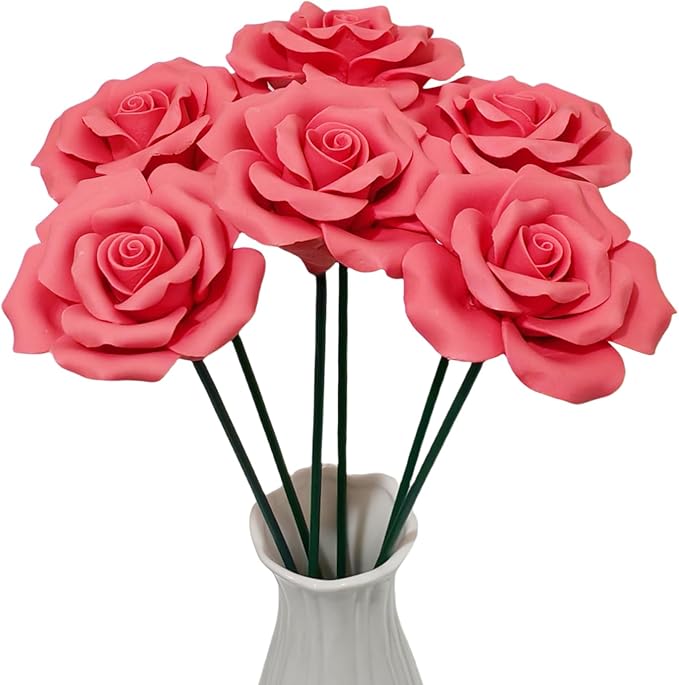 Handmade Porcelain 3D Ceramic Rose Flower, Eternal Flower Decoration for Home Office Decor, Creative Desktop vases, Porcelain Decorations, Exquisite, Set of 6 (red)