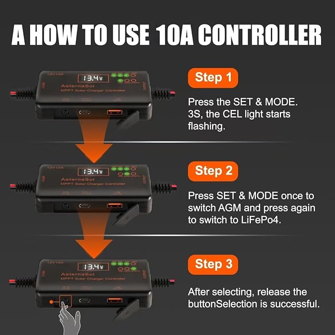 Solar Charge Controller 12V 10A, Solar Panel Charge Controller with Type-C and USB Output for Solar Panel and Gel, AGM, LiFePO₄ Battery (10A MPPT)