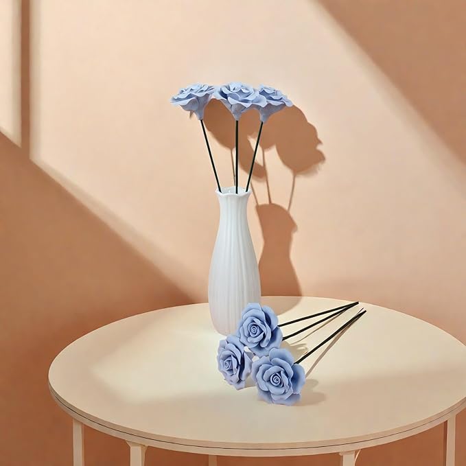 Handmade Porcelain 3D Ceramic Rose Flower, Eternal Flower Decoration for Home Office Decor, Creative Desktop vases, Porcelain Decorations, Exquisite, Set of 6 (Blue)
