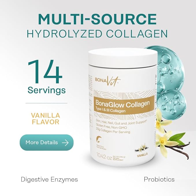 Collagen Peptides - Type I & III - Premium Hydrolyzed Collagen Powder - with Digestive Enzymes & Probiotics - High Dosis of Collagen & Protein - 14 Servings - BonaGlow Vanilla