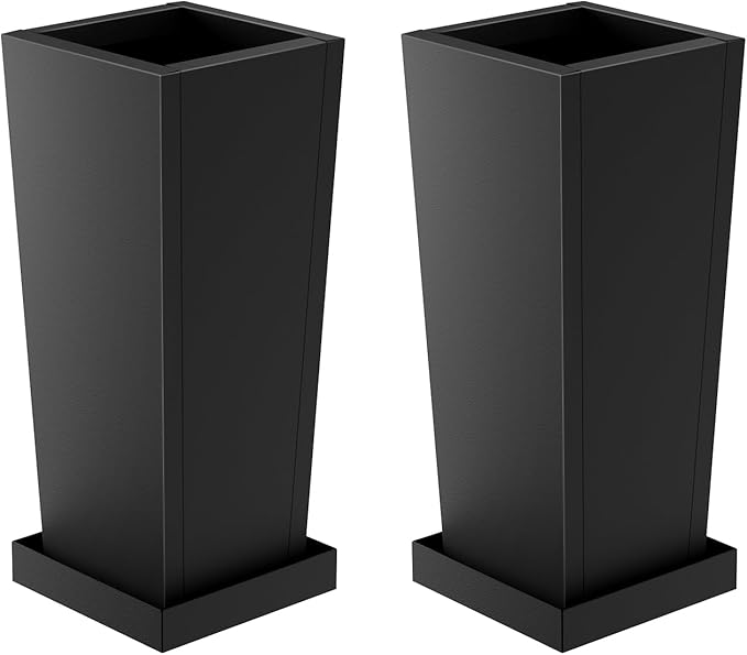 Metal Tall Outdoor Planters Set of 2, 24 inch Durable Tall Planters with Rust-Proof Coating & Drainage Insert Shelve & Trays, Black Outdoor Planters for Porch, Garden, Patio, Yard