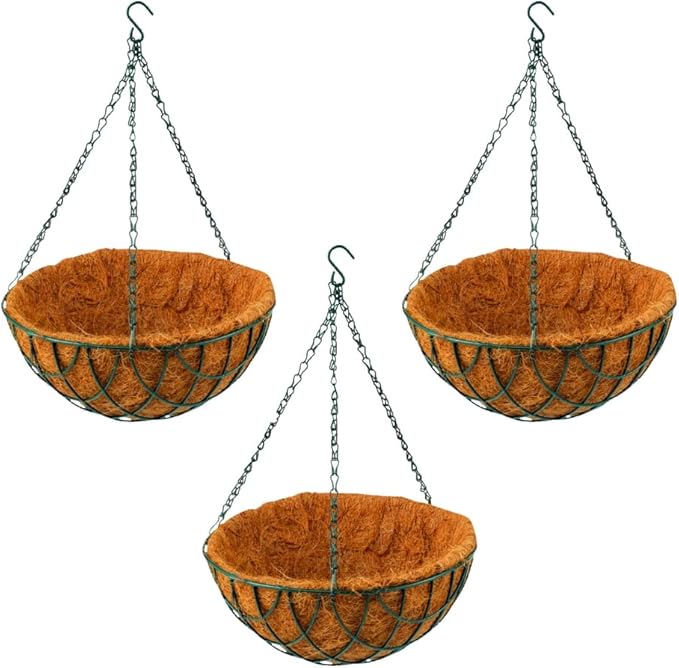 Rocky Mountain Goods Green Hanging Basket with Natural Coconut Liner - Thick Coco Liner Hanging Planter for Less Watering - Extra Strength Chain and Hook Included (3, 12")