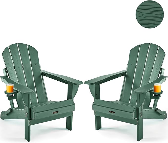 Ciokea Folding Adirondack Chair 2 Pack, Patio Adirondack Chair Weather Resistant, Plastic Fire Pit Chair with Cup Holder, Lawn Chair for Outdoor Porch Garden Backyard Deck (Green)