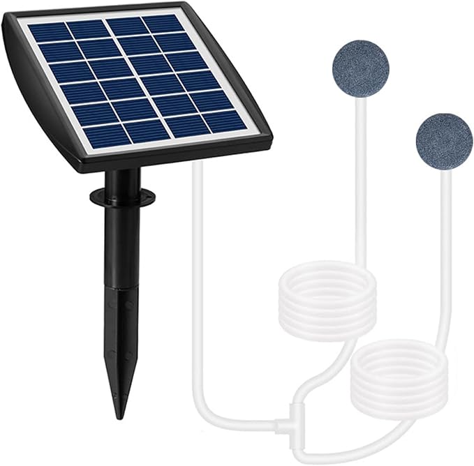 Solar Fish Tank Oxygen Pump, 2W Plug-in Aquarium Oxygenator, Fishing Oxygenator Air Pump with Piped Bubble Rock for Fish Tanks, Outdoor Ponds (Dual Head Rechargeable)