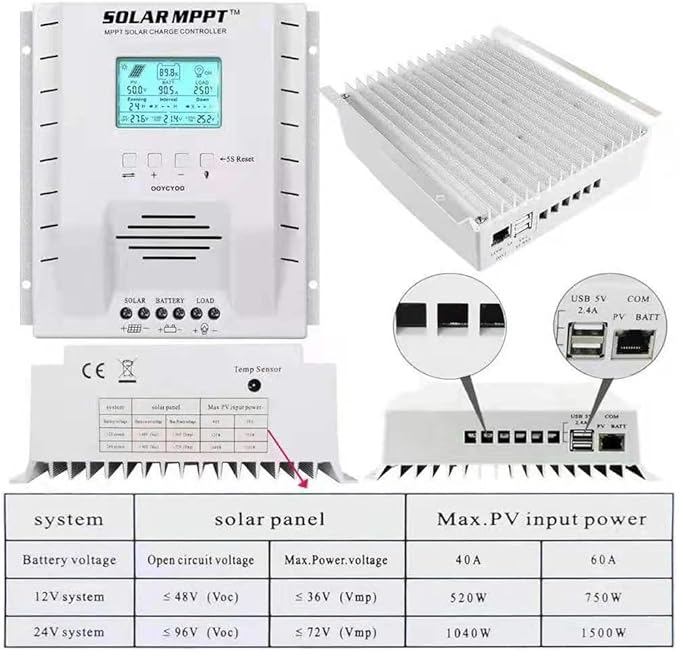 MPPT Charge Controller 60 amp, 12V 24V Auto 60A Solar Panel Charge Regulator, Max 100V Input with LCD Display for Lead-Acid Sealed Gel AGM Flooded Lithium Battery