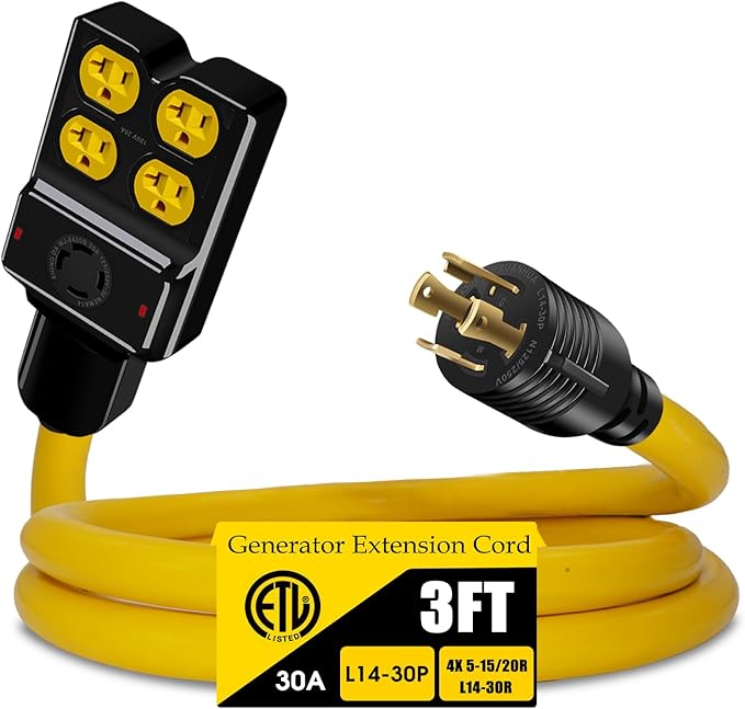 NEMA L14-30P to 4X 5-20R/5-15R&L14-30R Generator Adapter Extension Cord, 4 Prong 30 Amp to 110V,Twist Locking to 15 Amp/20 Amp Household Outlet, 125/250V 7500 Watts, ETL Listed (3FT)