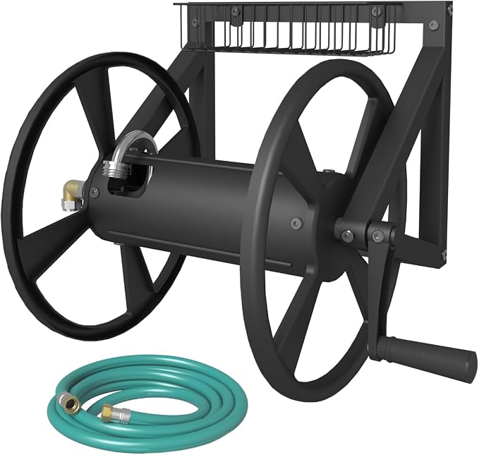 Artigarden Triangle Wall Mounted Garden Hose Reel, Outdoor Heavy-Duty Water Hoses Holder Winder, Holds 125 Ft of 5/8-Inch Hose, with 3.9 ft Leader Hose, Brass Fitting, Storage Basket for Yard, Black