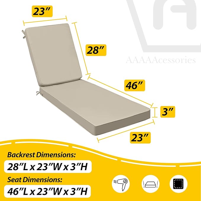 AAAAAcessories Outdoor Chaise Lounge Cushions, Fade-Resistant, Waterproof Patio Furniture Replacement Cushions, 74" x 23" x 3", Beige
