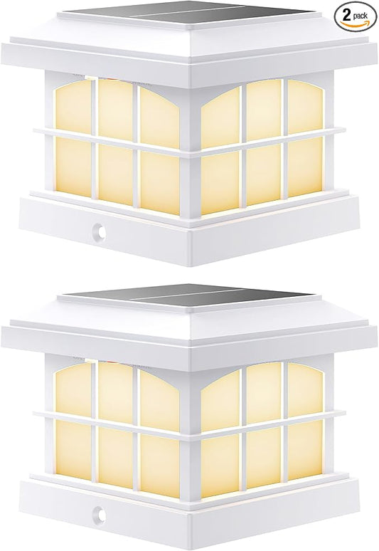 PARTPHONER RGBCW Solar Post Cap Lights 2-Pack, 9 Colors 3 Modes Fence Cap Lights, Bright Solar Outdoor Waterproof LED Deck Lighting for Fence Garden Deck Patio Porch Decor 4x4 Vinyl/Wood, White