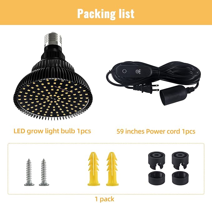 Hanging Grow Lights for Indoor Plants, 25W 5000K, LED Hanging Grow Light Bulbs with Timer, Height Adjustable Hanging Plant Light, Full Spectrum Pendant Grow Light for Seed Starting, Black