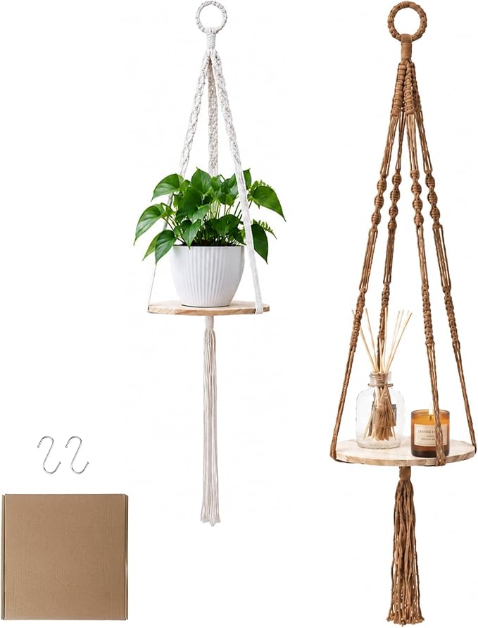 Artilady 2 Pack Macrame Hanging Planter with Wood Shelf, Boho Plant Hanger for Indoor Plants Basket Holder for Window Balcony Kitchen