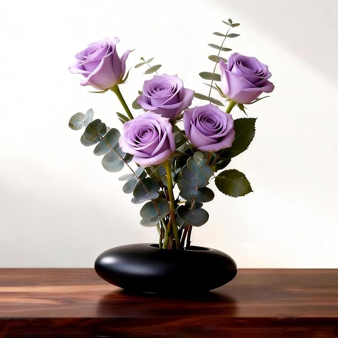 Japanese Inspired Ceramic Vase Ikebana kit, Pebble Shaped Flower Arrangement Bowl with 1.57inch Flower Frog Pin Frog Flower Stems Holder (Small Black)