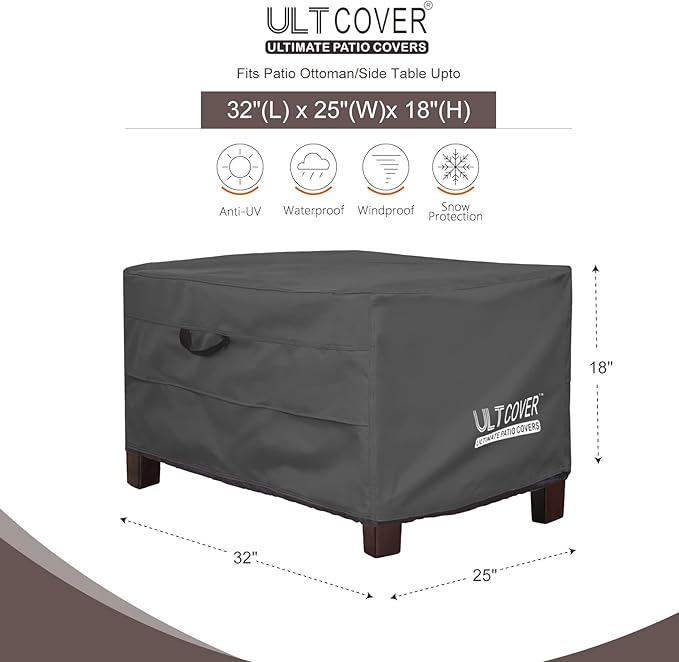 ULTCOVER Waterproof Patio Ottoman Cover Rectangular Outdoor Side Table Furniture Covers Size 32L x 25W x 18H inch, Black