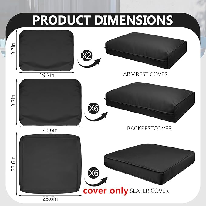 14 Piece Outdoor Patio Waterproof Cushion Covers, Fits 6-Seat Wicker Rattan Sectional Couch Chair Furniture Cover Replacement Set - Fade-Resistant Patio Cushion Covers with Zipper