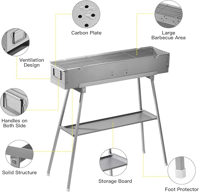 31.5’’ Portable Charcoal Grill Folding BBQ Grill for Outdoor Grilling Cooking Camping Hiking Picnics Tailgating Backpacking Party, With Excellent Ventilation Design, Matte Sliver