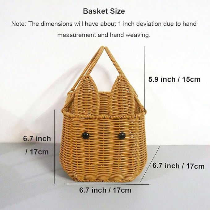 Picnic Basket, Garden Harvest Basket, Wicker Shopping Baskets with Foldable Handles, Reusable Handwoven Market Baskets for Carrying Shopping Storage Gathering (Brown, Bunny Ears)