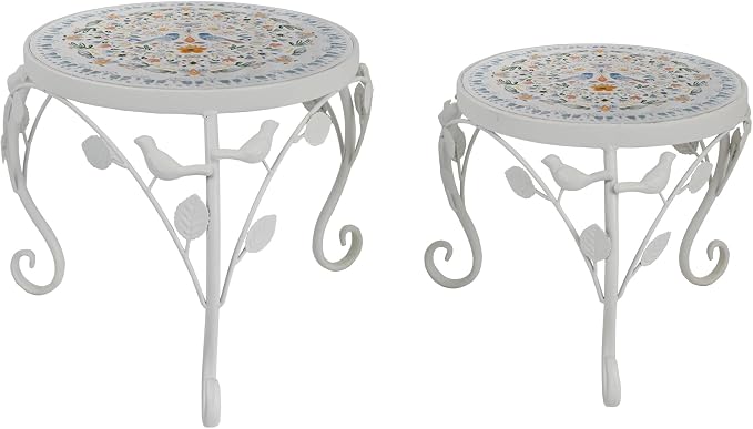 Set of 2 Plant Stand for Indoor Outdoor, Heavy Duty Cast Iron with 10" Ceramic Tile Top Plant Table, Tall Vintage Decorative Plant Rack, Mosaic Flower Pot Holder for Home Garden Porch Yard Patio