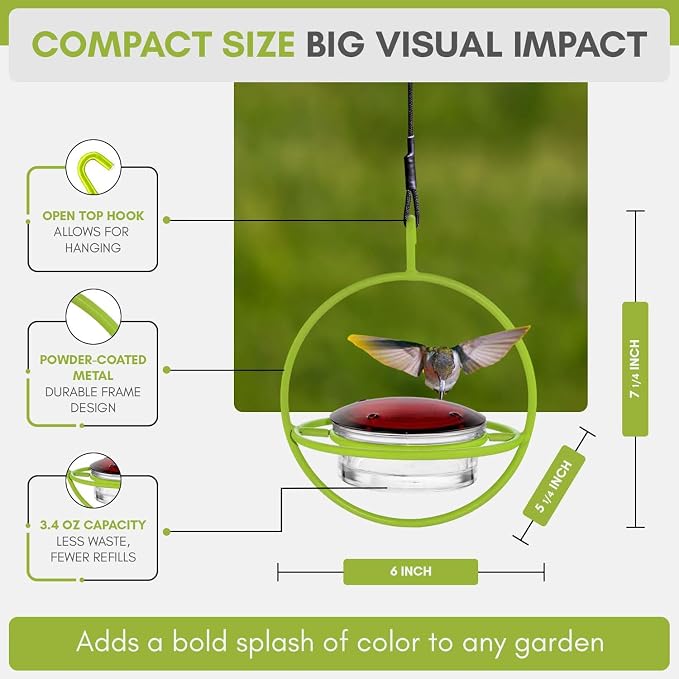 Mosaic Birds Hummingbird Feeder for Outdoors Hanging, 3.4 OZ Hummingbird Feeders, Glass Bowl with 4 Feeding Ports, Leak Proof Lid & Circular Perch, Bird Feeder (1, Lime)