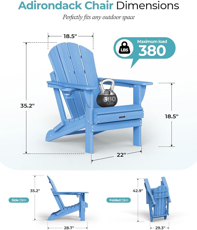 Ciokea Folding Adirondack Chairs Set of 4, Patio Adirondack Chair Weather Resistant, Plastic Fire Pit Chair with Cup Holder, Lawn Chair for Outdoor Porch Garden Backyard Deck, Baby Blue