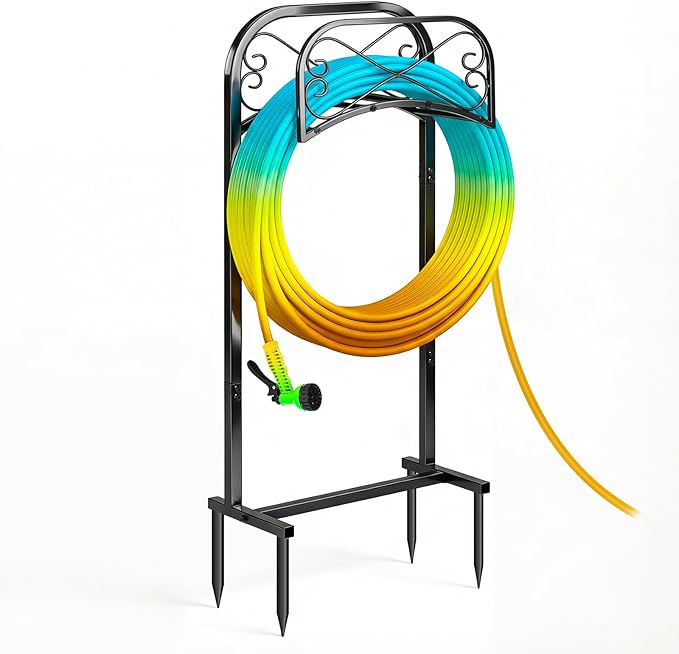 Gtongoko Garden Hose Holder for Outside 43 In With Upgrade 4 Prongs Base Detachable Metal Water Hose Holder Freestanding Heavy Duty Organizer Holds 150FT Stand Hanger for Outdoor Yard Black