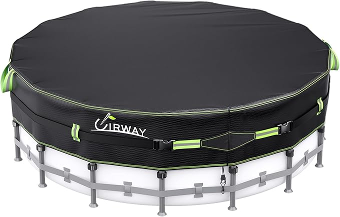 UIRWAY 500D Pool Cover 14FT Round [2026 Upgraded Heavy Duty Fabric] Solar Pool Covers for Above Ground Pools, New Super Windproof Gel-Coated Tarp Straps, Swimming Pool Covers with UV Protection