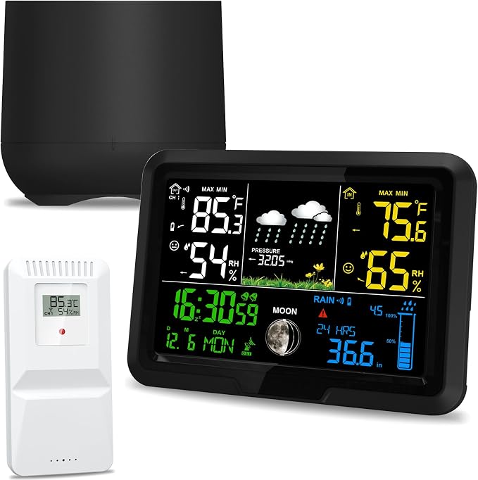 Digital Wireless Rain Gauge Outdoor, Home Weather Station Wireless Indoor Outdoor with Self-Emptying Rain Gauge, Thermometer, Barometer, Hygrometer, Atomic Clock, Weather Forecast and Alerts