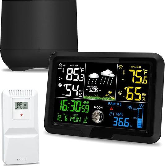 Digital Wireless Rain Gauge Outdoor, Home Weather Station Wireless Indoor Outdoor with Self-Emptying Rain Gauge, Thermometer, Barometer, Hygrometer, Atomic Clock, Weather Forecast and Alerts