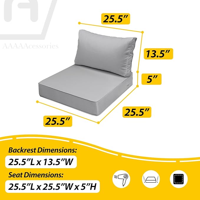AAAAAcessories Outdoor Seat Cushions for Chairs, Fade-Resistant, Waterproof Patio Furniture Replacement Cushions, 25.5" x 25.5" x 5" + 25.5" x 13.5", Gray