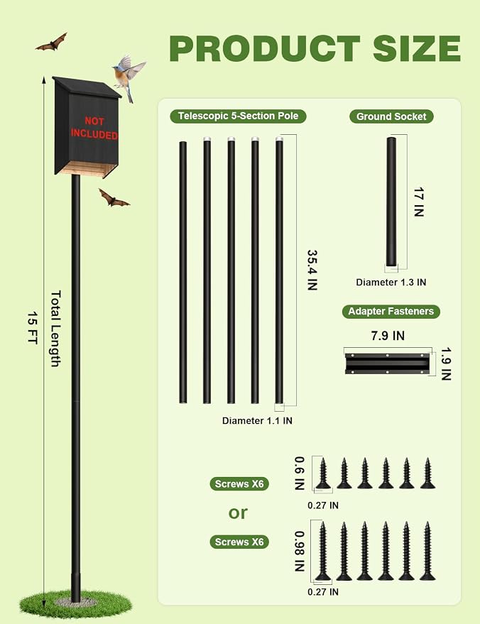15 FT Purple Martin Bat House Pole, Heavy Duty Bat Houses Kit with Ground Socket, Adapter, Adjustable Heavy Duty 5-Section Birdhouses Pole (3-6-9-12-15 FT) for Birdhouses and Wildlife Nesting