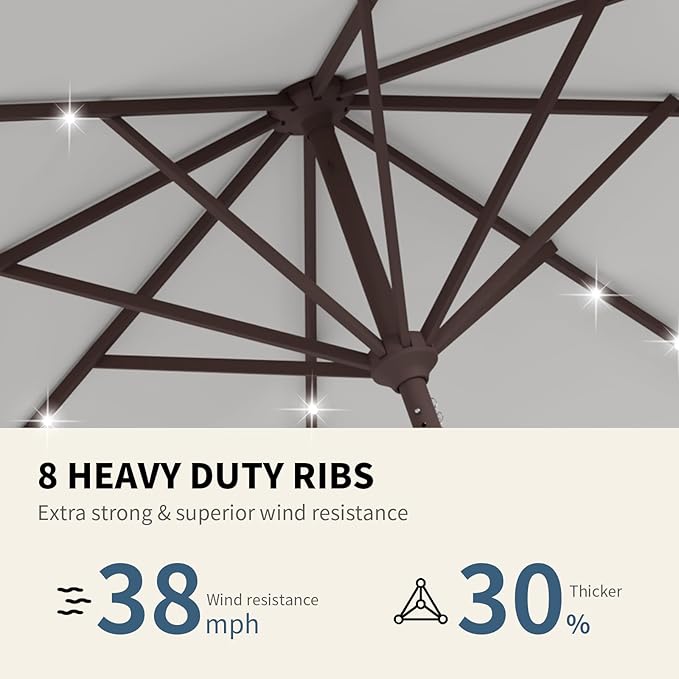9FT Patio Umbrella with Solar Lights,Outdoor Market Umbrella with Tilt and Crank, LED Lighted Table Umbrella for Garden,Deck,Backyard,Pool,Beach