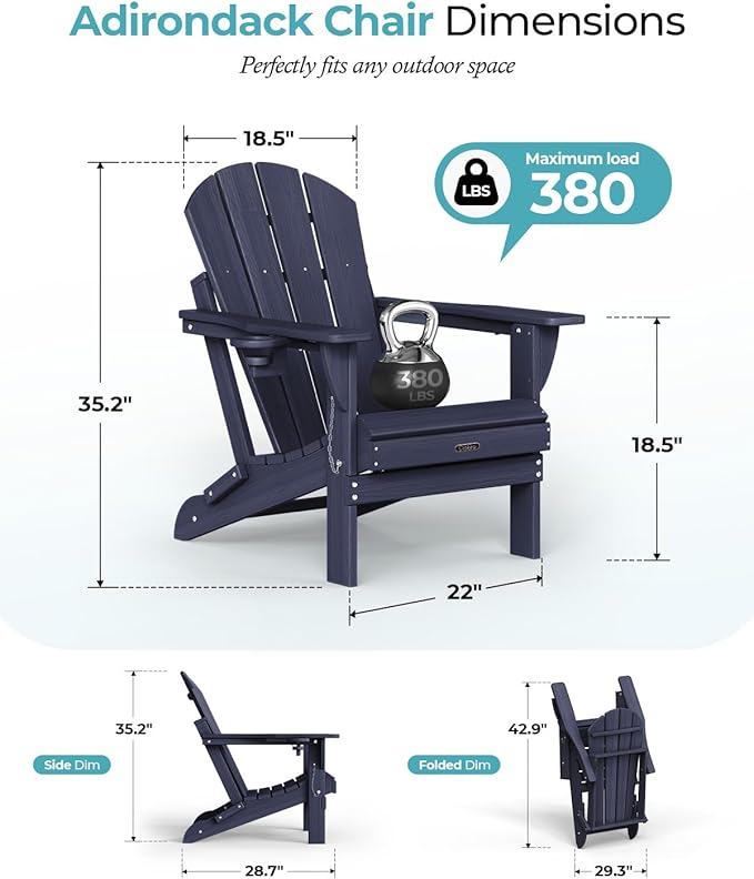 Ciokea Folding Adirondack Chair Wood Texture, Patio Adirondack Chair Weather Resistant, Plastic Fire Pit Chair with Cup Holder, Lawn Chair for Outdoor Porch Garden Backyard Deck, Dary Navy Blue