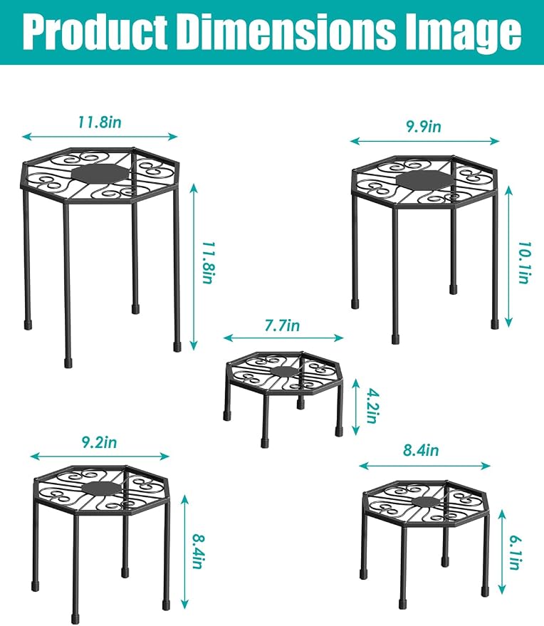5-Pack Metal Plant Stands for Outdoor Indoor, Anti-Rust Iron Flower Pot Stand, Heavy Duty Plant Pot Shelf for Multiple Plant, Decoration Racks for Home, Patio & Garden (Black)