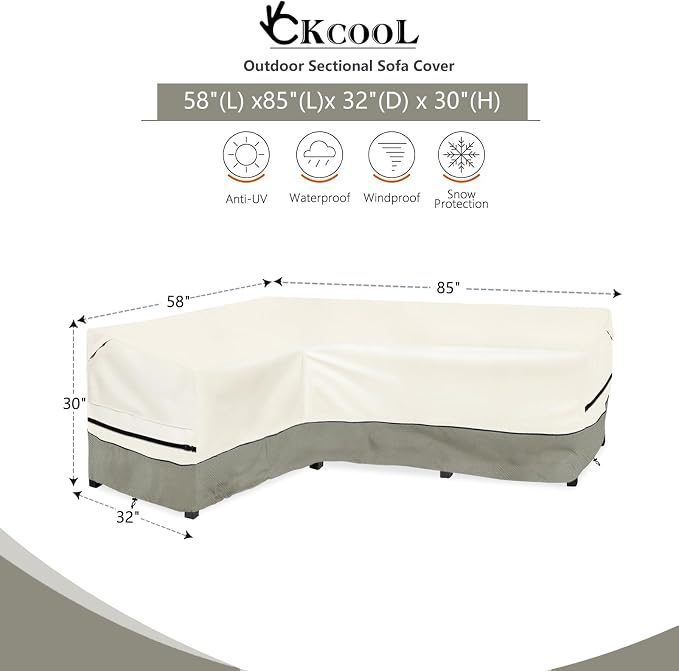 okcool Outdoor Sectional Cover,L-Shaped Patio Furniture Covers for 4-Seater Outdoor Sectional Furniture Couch 58”W (Left Side) x 85”W (Back Length),White&Grayish Green