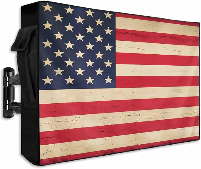 Vintage American Flag Outdoor TV Cover 30-32 Inch Weatherproof, Retro Blue Red Enclosure With Zipper & Roll Up Front Flap, Farmhouse Waterproof Cover for Outside Flat Screen