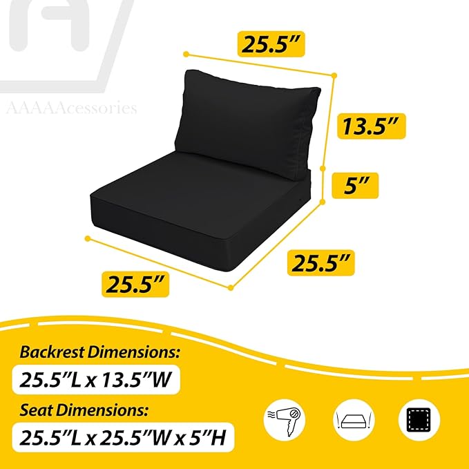 AAAAAcessories Outdoor Seat Cushions for Chairs, Fade-Resistant, Waterproof Patio Furniture Replacement Cushions, 25.5" x 25.5" x 5" + 25.5" x 13.5", Charcoal Black