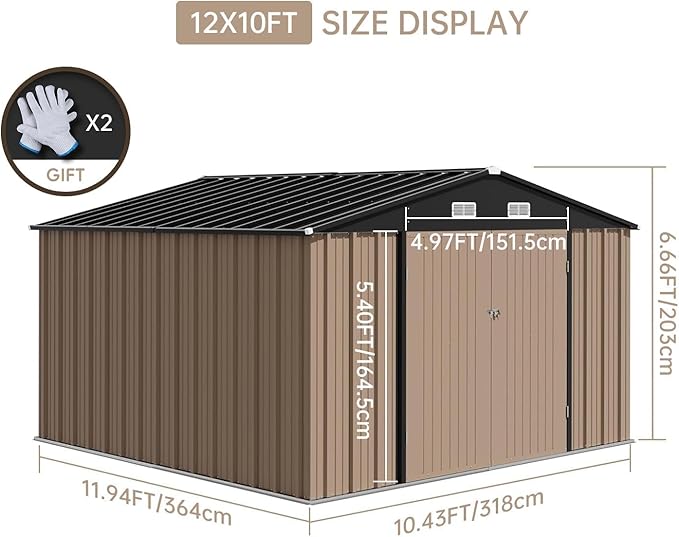 12X10FT Metal Outdoor Storage Shed, Galvanized Steel Garden Tool Shed with with Lockable Door & Vents,Waterproof All-Weather Utility Tool Shed for Lawn Mower, Bike