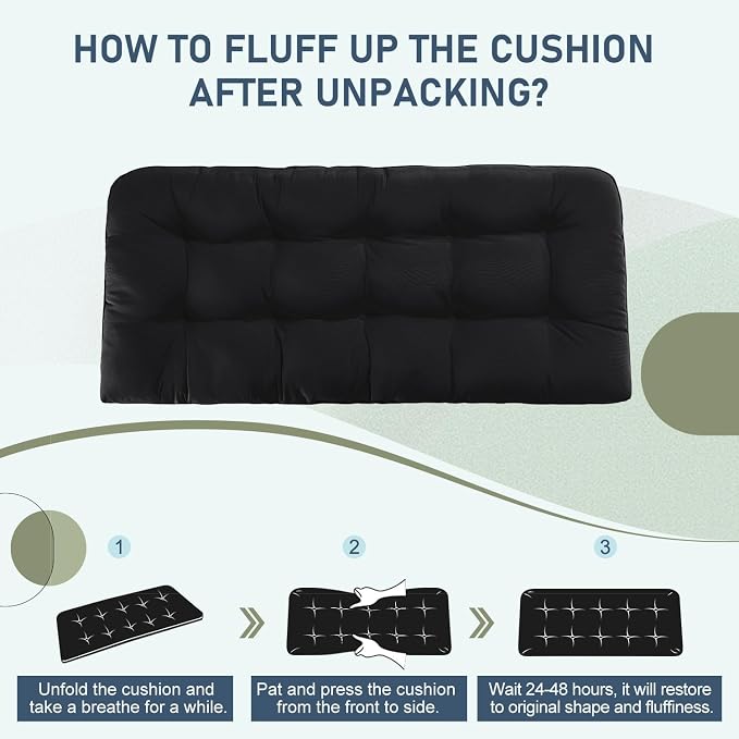downluxe Outdoor Bench Cushion for Patio Furniture, Water Resistant Tufted Overstuffed Porch Swing Cushions, Thick Outdoor Loveseat Cushions, 48" X 18" X 5", Black, Set of 1