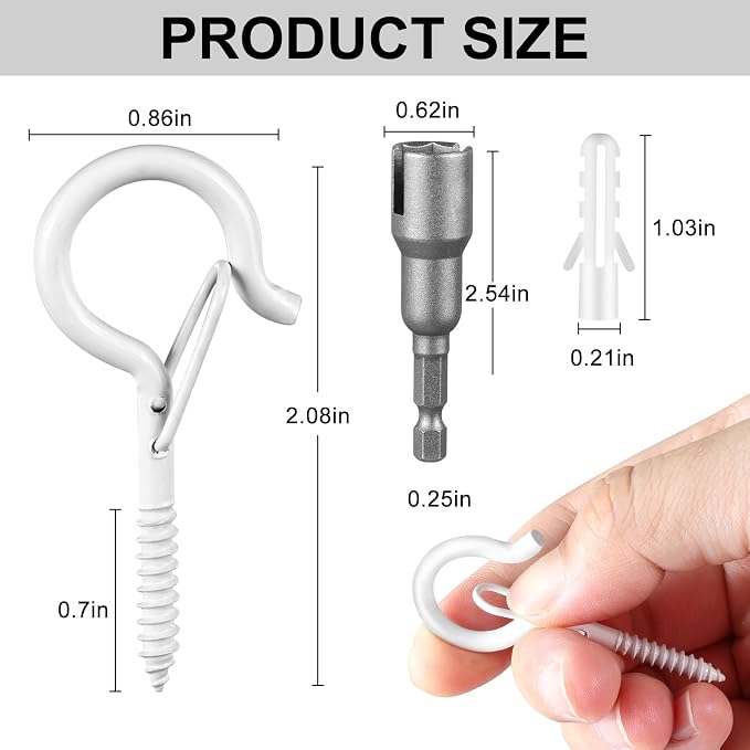 50 Pcs Screw-in Hooks for Outdoor String Lights, Q Hangers Hooks for Outside, Swivel Hanging Basket Patio Hooks with Safe Buckle, Screw in Plant Eye Hook for Wall Ceiling with 1 Wing Nut Driver, White