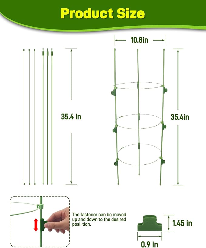 4 Pack 36 Inch Tomato Cages for Pots and Containers, Adjustable Tomato Plant Support with Sliding Clips, Plastic-Coated Metal Tomato Trellis Cage for Patio, Raised Bed & Garden Vegetables