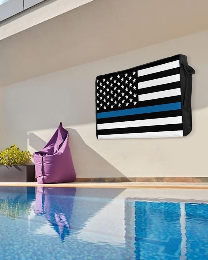 American Police Flag Outdoor TV Cover - 48 to 50 Inches, Weatherproof & Waterproof, Blue White, Enclosure with Remote Control Pocket, Law Enforcement Officers TV Screen Protector