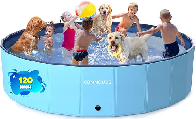 COMMOUDS 120 Inch Foldable Dog Pool, Extra Large Collapsible Hard Plastic Dog Kiddie Family Swimming Pool, Portable Pet Bath Tub Wading Pools for Kids and Puppy Small Medium Large Dogs