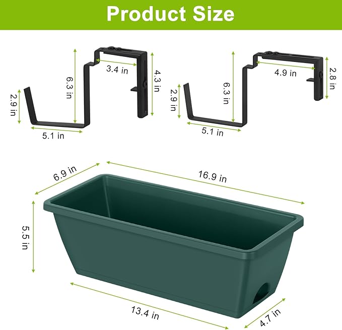ETELI 6 Pack Deck Railing Planter Boxes with Adjustable Metal Hanging Brackets, Indoor Outdoor Hanging Window Boxes Planters with Drainage Tray for Patio, Lawn, Green & Black