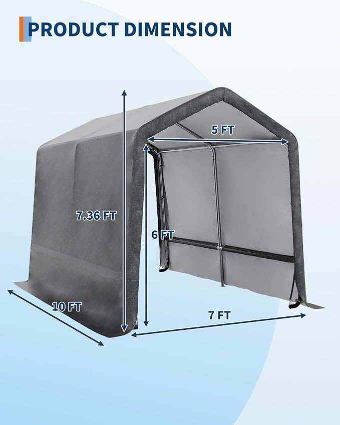 GarveeLife 7x10 ft Outdoor Portable Storage Shed with Roll-Up Door & Vent, 240G Heavy-Duty Shelter Waterproof PE Tarp, UV-Resistant Storage Sheds for Motorcycle, Firewood, Garden and Tools -Gray