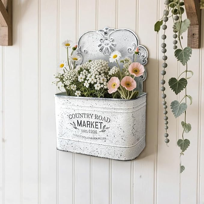 All Chic Set of 2 Metal Hanging Wall Planters Outdoor Indoor Mail Wall Mounted Planter Antique Shabby Chic Wall Decor (White)