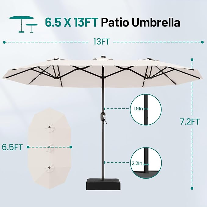 AreShark 13 FT Patio Umbrella with Solar Lights, Double-Sided Outdoor Table Umbrellas with Crank, Large Rectangular Market Umbrella for Porch, Lawn, Pool, Backyard, Cream-White