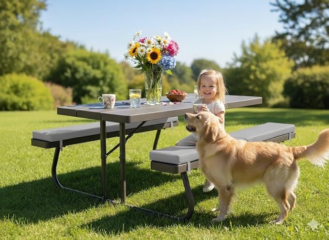 Picnic Bench Cushions 2 Pack, Outdoor Picnic Bench Seat Pads – Water-Resistant Polyester Fabric with High-Density Foam, 72" x 12" x 2", Portable & Foldable for Picnic Tables, Camping, Patio-Grey