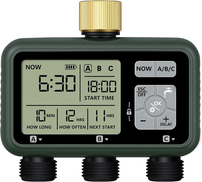 3 Zone Brass Sprinkler Timer, Garden Hose Timer, Automatic Irrigation System, Programmable Faucet, 3 Outlets, with Rain Delay, Manual Mode,Child Lock, for Yard, Garden, Lawn, Green E13WT06