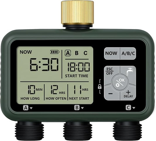3 Zone Brass Sprinkler Timer, Garden Hose Timer, Automatic Irrigation System, Programmable Faucet, 3 Outlets, with Rain Delay, Manual Mode,Child Lock, for Yard, Garden, Lawn, Green E13WT06