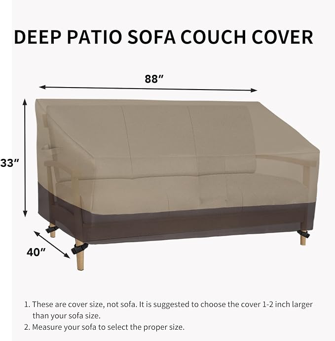 Easy-Going Waterproof Outdoor Couch Cover, Heavy Duty Deep 3-Seater Patio Sofa Cover, Winchdproof Outdoor Furniture Cover with Air Vent （88Wx40Dx33H inch,Camel/Dark Brown)