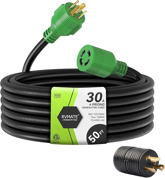 RVMATE 30 Amp Generator Cord 4 Prong 50 Feet, NEMA L14-30P/L14-30R, 125/250V Up to 7500W 10 Gauge SJTW Generator Extension Cord, ETL Listed